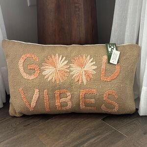 Place And Time “GOOD VIBES” yarn embroidered flowers,textured rectangle, pillow